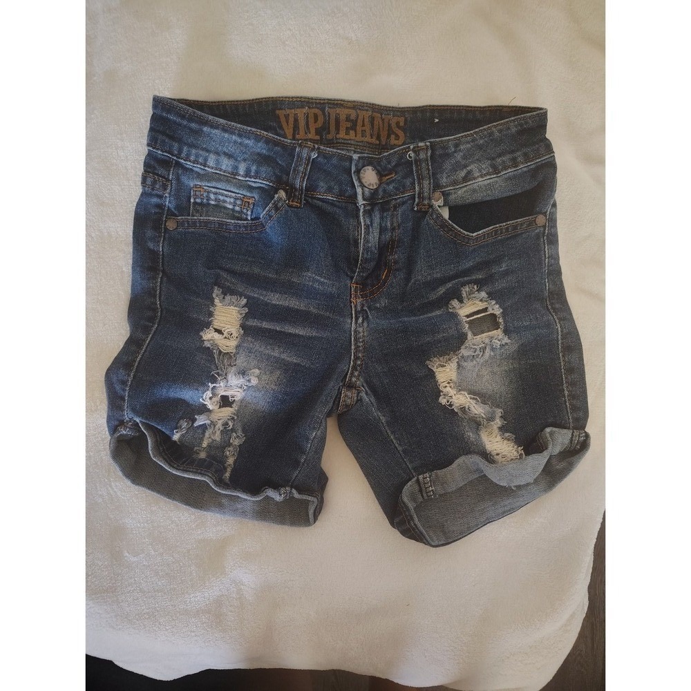 VIP Jeans Womens Distressed Denim Shorts Dark Wash Cuffed Size 1/2 8-170080AN